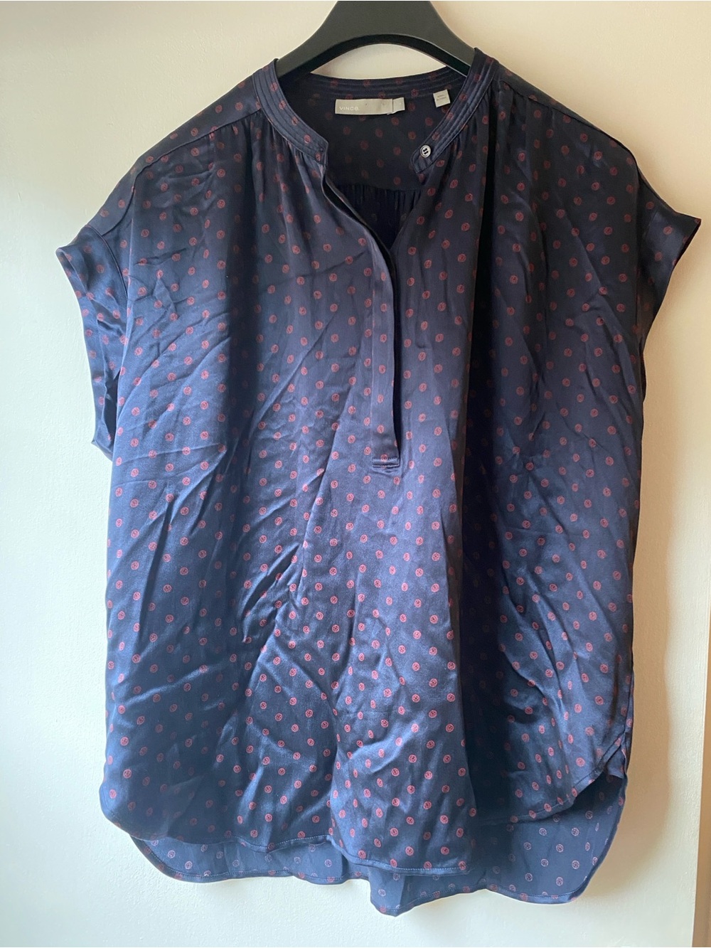 Vince 100% silk Navy Blouse with Pink Dot Print